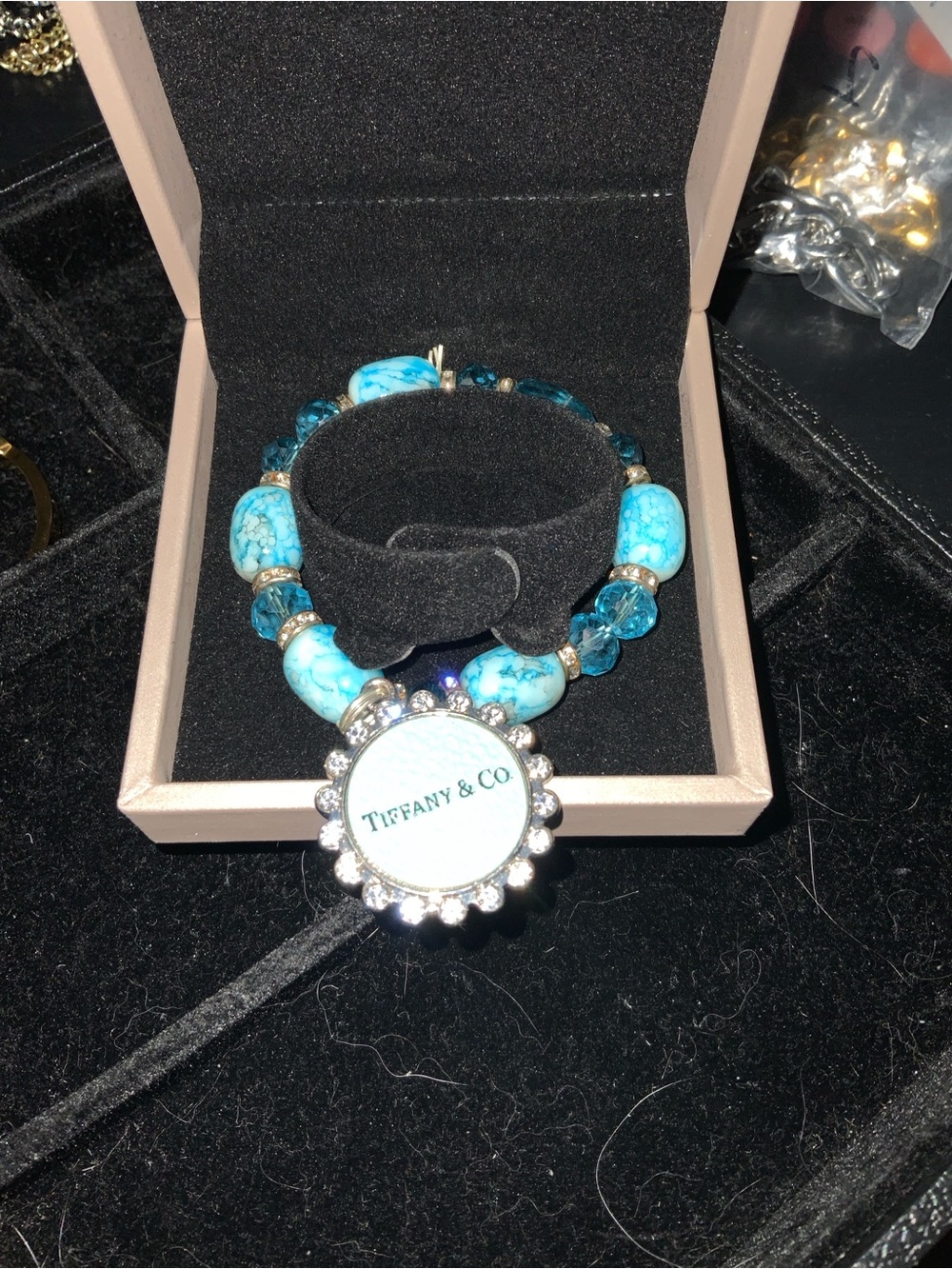 Turquoise and Blue Bead Bracelet with Logo Crystal Charm